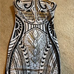 bebe Strapless Black and White Beaded Dress